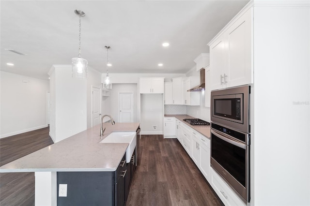 kitchen featuring white cabinets, dark hardwood / wood-style floors, appliances with stainless steel finishes, and an island with sink