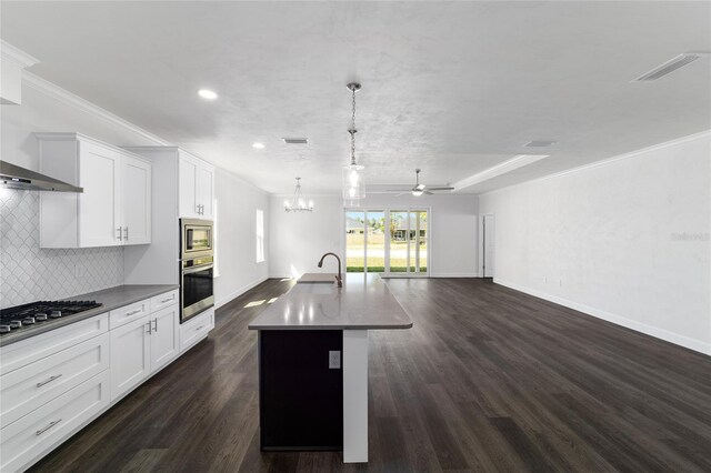 kitchen with tasteful backsplash, ceiling fan with notable chandelier, dark hardwood / wood-style flooring, a kitchen island with sink, and appliances with stainless steel finishes