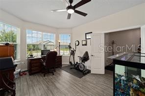 office space with hardwood / wood-style floors and ceiling fan