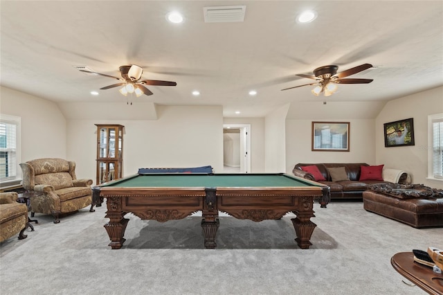 playroom featuring billiards, vaulted ceiling, ceiling fan, and light colored carpet