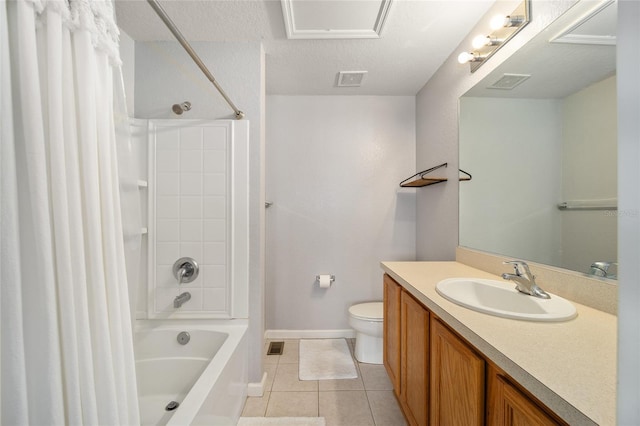 bathroom featuring shower / bath combo, visible vents, toilet, vanity, and tile patterned flooring