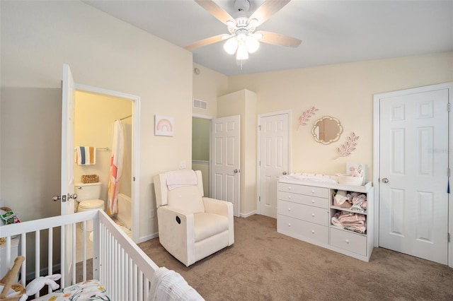bedroom with vaulted ceiling, visible vents, ceiling fan, and carpet flooring