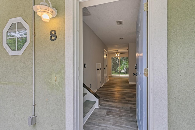 hall featuring dark wood-type flooring, a textured ceiling, and a wealth of natural light