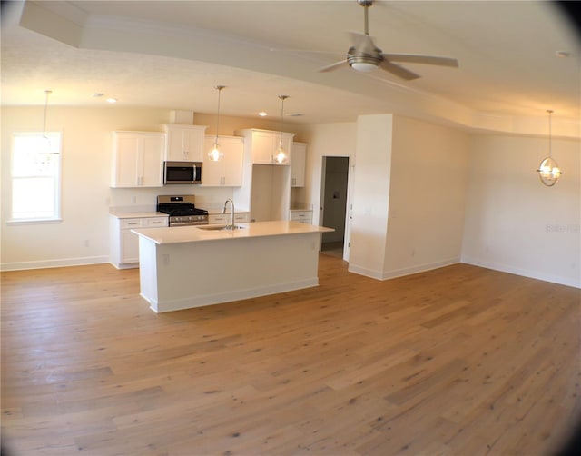 kitchen with stainless steel appliances, white cabinetry, and light hardwood / wood-style flooring