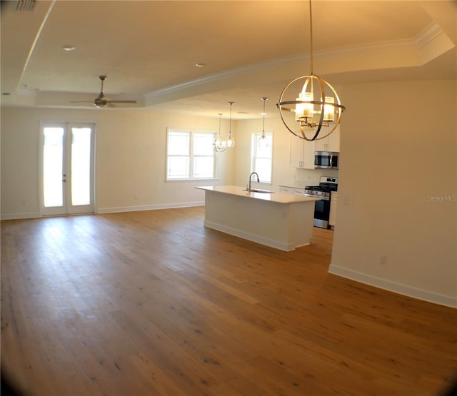 kitchen with sink, a raised ceiling, pendant lighting, appliances with stainless steel finishes, and light wood-type flooring