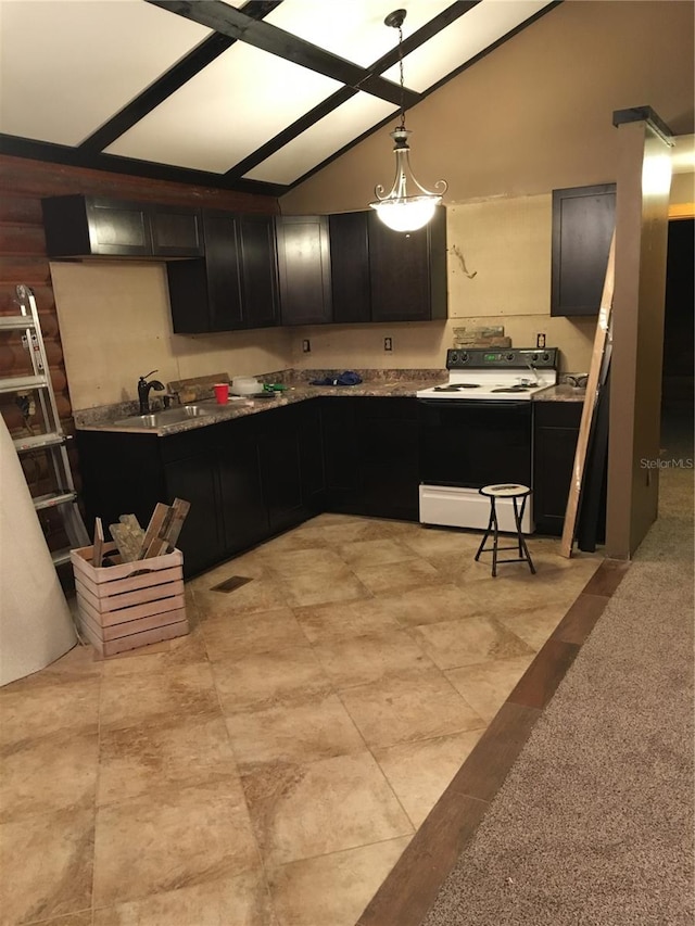 kitchen with hanging light fixtures, sink, light tile floors, vaulted ceiling, and electric range