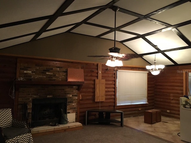 unfurnished living room featuring lofted ceiling, a brick fireplace, ceiling fan with notable chandelier, and rustic walls