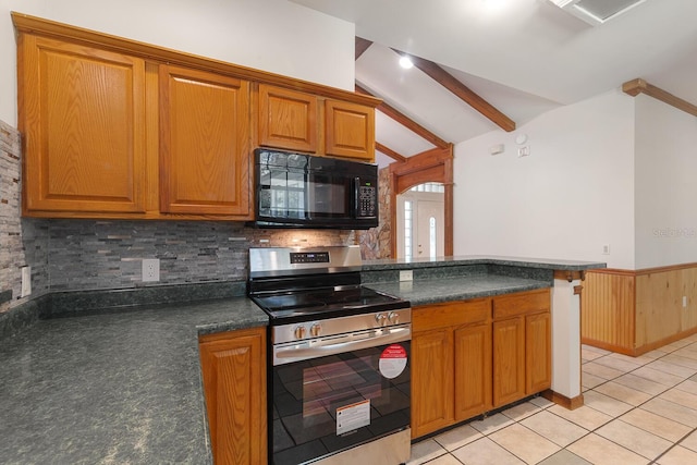 kitchen with backsplash, stainless steel range oven, kitchen peninsula, light tile patterned flooring, and vaulted ceiling with beams