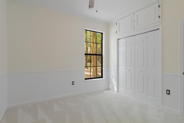 unfurnished bedroom with carpet flooring, a closet, ceiling fan, and crown molding