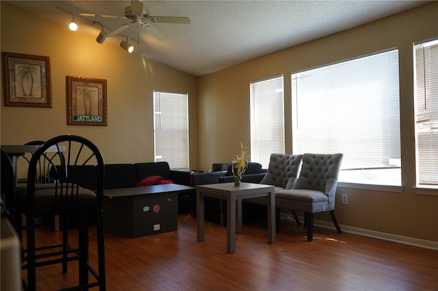 dining space featuring vaulted ceiling, ceiling fan, dark wood-type flooring, and a textured ceiling