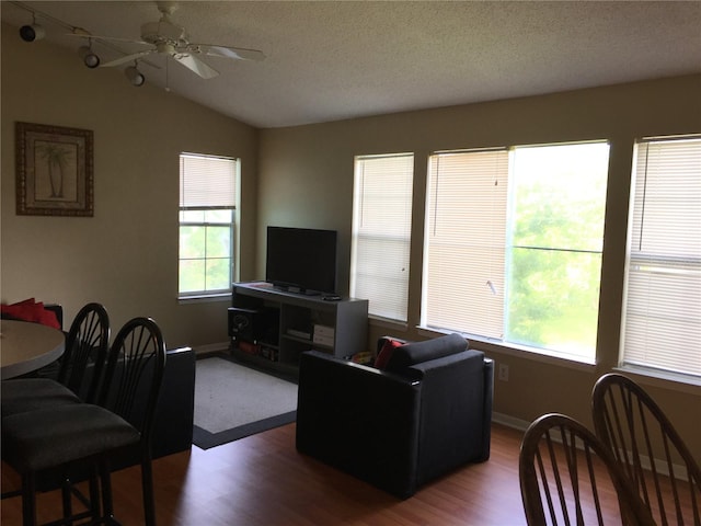 living room featuring a textured ceiling, lofted ceiling, ceiling fan, and hardwood / wood-style flooring