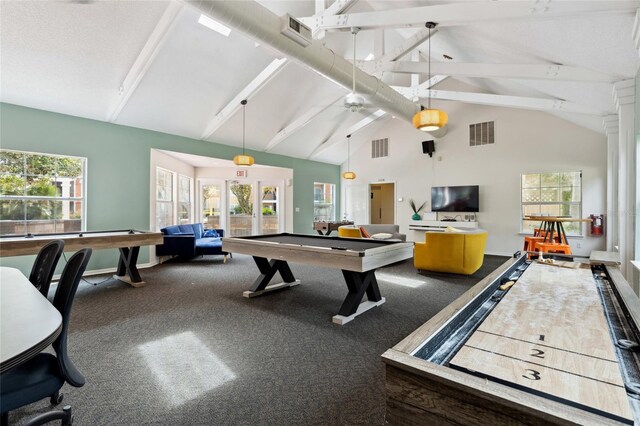 game room with billiards, plenty of natural light, and carpet