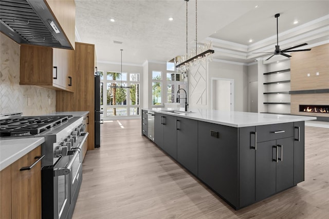 kitchen with pendant lighting, a spacious island, ventilation hood, and stainless steel appliances