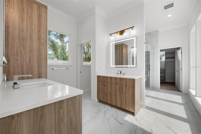 bathroom featuring vanity, an enclosed shower, and ornamental molding