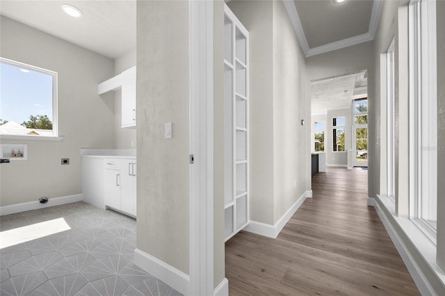 hall featuring light wood-type flooring and ornamental molding