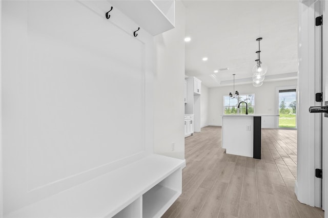 mudroom with sink and light hardwood / wood-style flooring