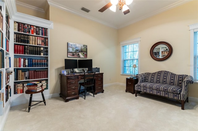 office area featuring crown molding, carpet flooring, and ceiling fan