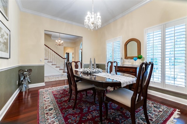 dining room featuring a notable chandelier, crown molding, and dark wood-type flooring