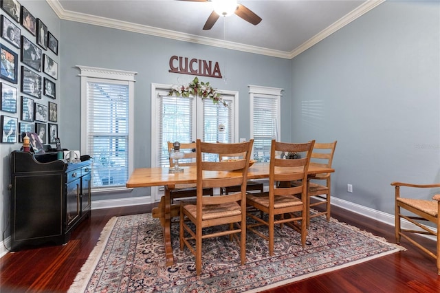 dining space featuring ceiling fan, crown molding, and dark wood-type flooring