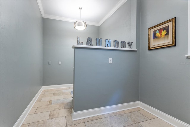 interior space with crown molding and light tile floors