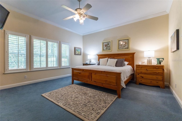 carpeted bedroom featuring ornamental molding, ceiling fan, and multiple windows