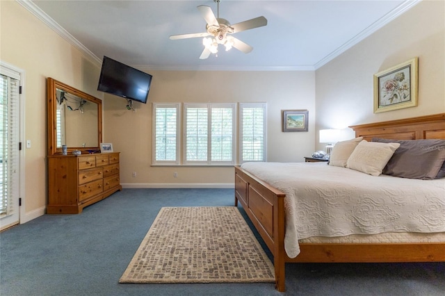 carpeted bedroom featuring ornamental molding and ceiling fan