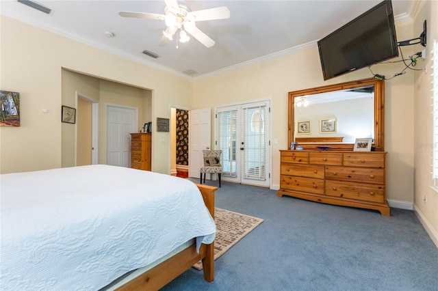 bedroom featuring access to outside, ceiling fan, ornamental molding, carpet floors, and french doors