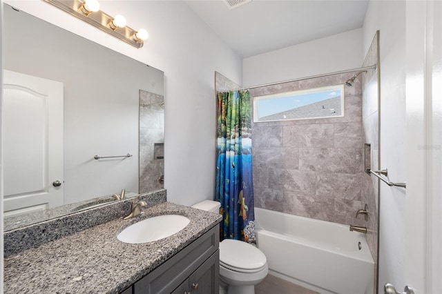 full bathroom featuring toilet, vanity with extensive cabinet space, and shower / bathtub combination with curtain