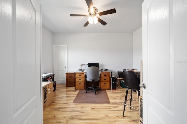 office area with ceiling fan and light wood-type flooring