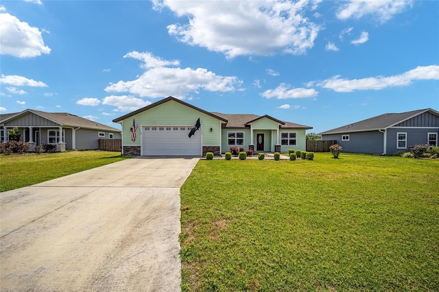 ranch-style home with a front lawn and a garage