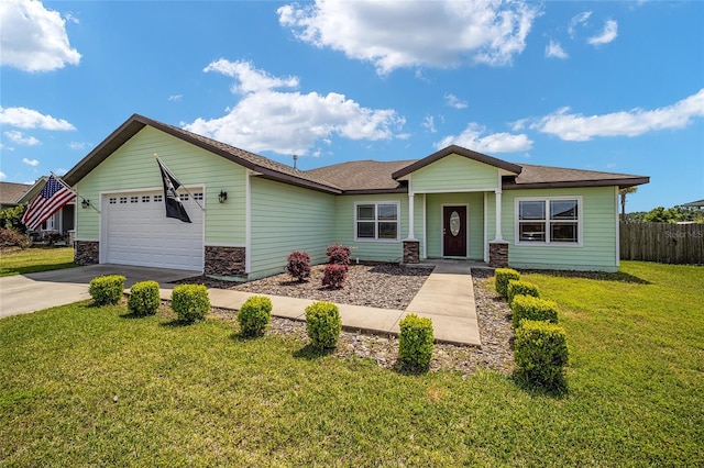 ranch-style house with a front lawn and a garage