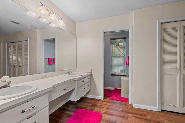 bathroom featuring hardwood / wood-style floors and double vanity