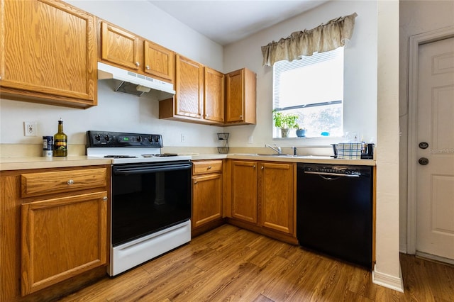 kitchen featuring black dishwasher, wood-type flooring, sink, and white electric range