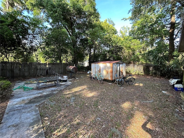 view of yard featuring a storage unit