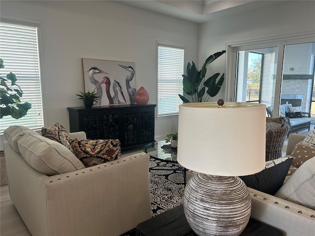 living room with light hardwood / wood-style floors