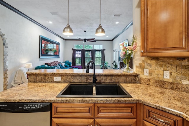 kitchen featuring stainless steel dishwasher, hanging light fixtures, ceiling fan, sink, and ornamental molding