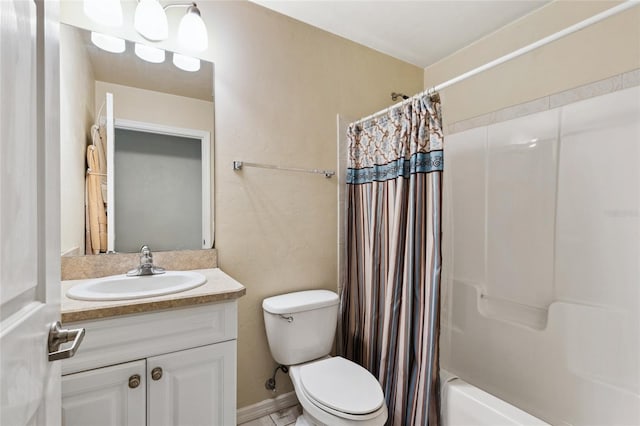 full bathroom with vanity, toilet, and shower / bath combo with shower curtain