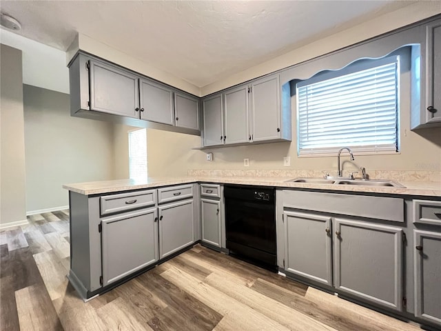 kitchen featuring gray cabinetry, light hardwood / wood-style flooring, dishwasher, and sink