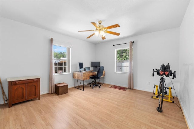 home office with ceiling fan and light wood-type flooring