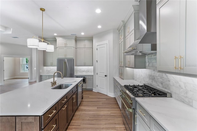 kitchen with pendant lighting, high end appliances, backsplash, wall chimney range hood, and an island with sink