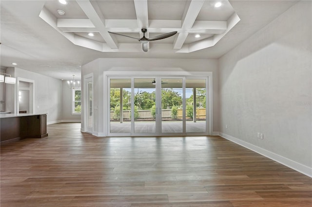 unfurnished living room with beamed ceiling, ceiling fan with notable chandelier, dark hardwood / wood-style floors, and coffered ceiling