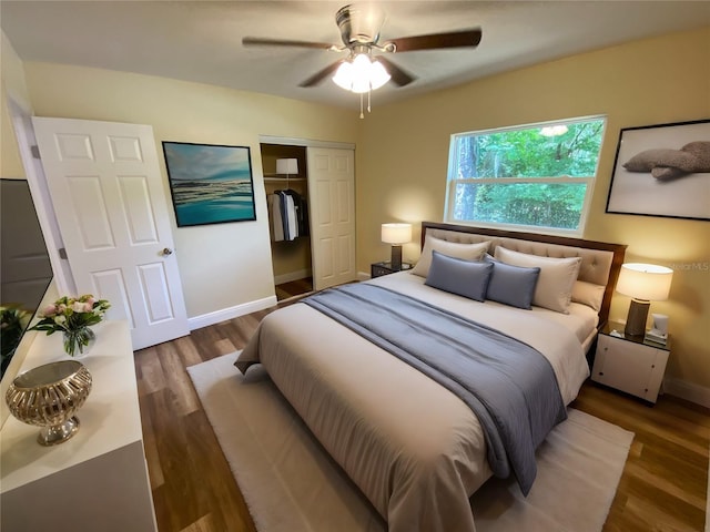 bedroom with a closet, hardwood / wood-style floors, and ceiling fan