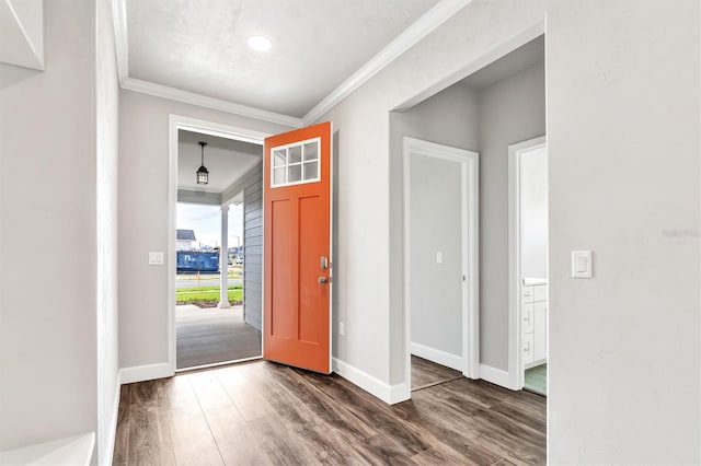 foyer with crown molding and hardwood / wood-style floors