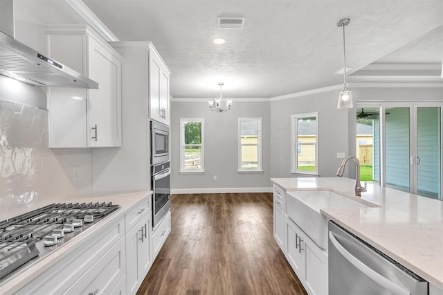 kitchen featuring stainless steel appliances, wall chimney range hood, dark hardwood / wood-style flooring, and plenty of natural light