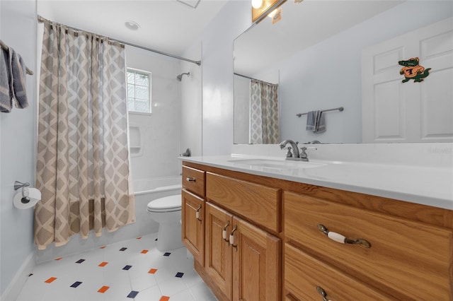 full bathroom featuring toilet, shower / tub combo, and vanity