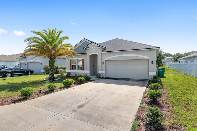 single story home featuring a garage and a front lawn