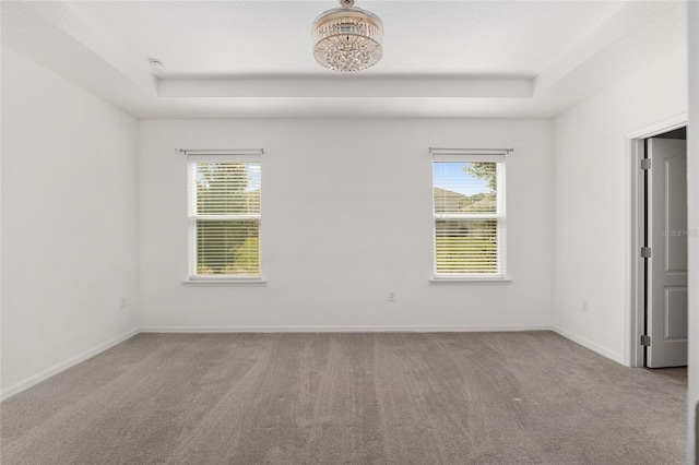 carpeted spare room featuring a tray ceiling