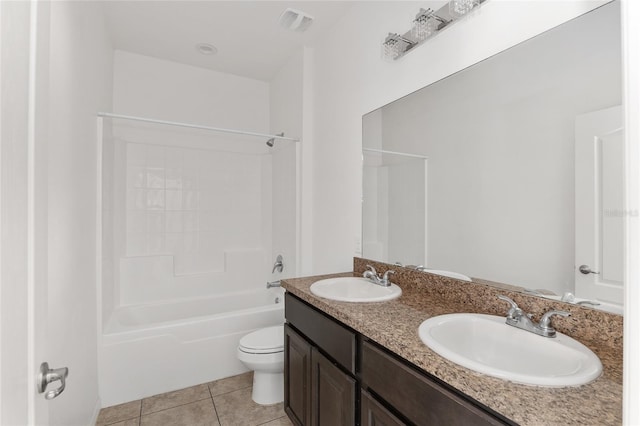 full bathroom featuring tile floors, shower / washtub combination, toilet, and double sink vanity