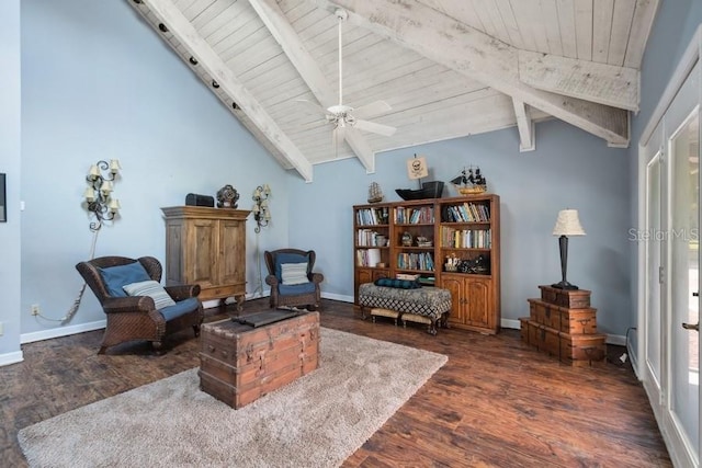 living area featuring vaulted ceiling with beams, ceiling fan, wooden ceiling, and dark wood-type flooring