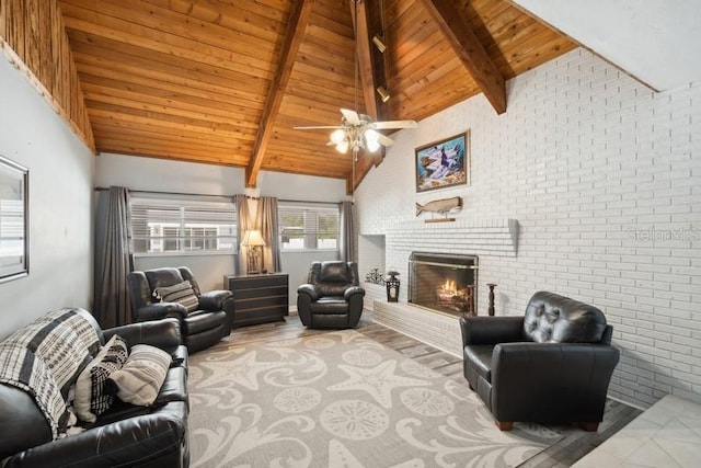 living room with beam ceiling, wooden ceiling, and brick wall